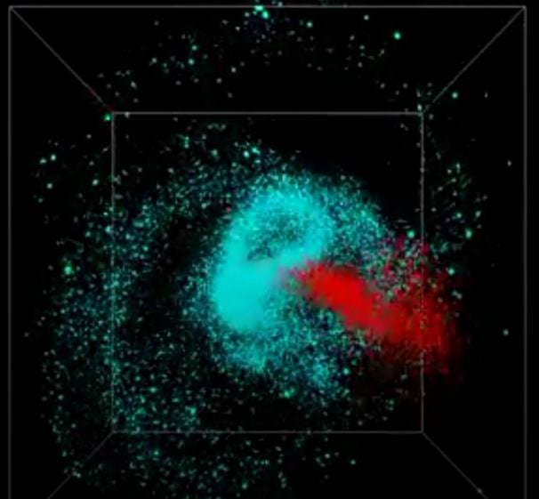 تصویر شبیه‌سازی شده از چگونگی ادغام دو کهکشان